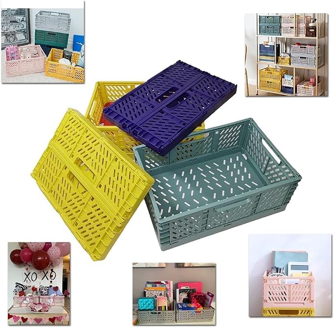 Plastic Collapsible Crate Folding Storage Basket with Handle for Shelves Home Kitchen Classroom and Office Vanity Bathroom Organization Drawer Clapboard Partition (Large Multicolor-4pack)