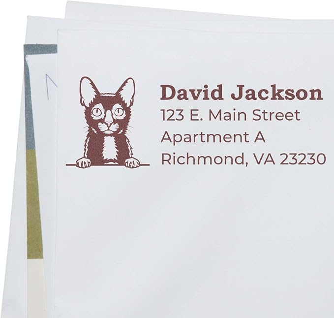 Self-Inking Peeking Lykoi Cat Address Stamp - Custom Stamp for Envelopes | Lykoi Cat Address Stamper. Made to order. Customized Mailing Stamp for Cat Lovers. 4 case colors. Laser-cut. Press and print.