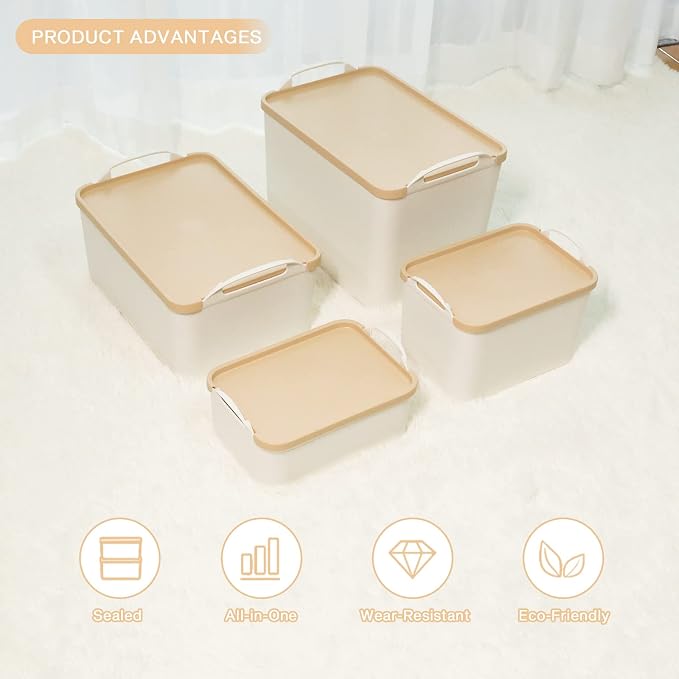 ANMINY White Plastic Storage Bins Baskets with Lids, 8-Pack, 1XL+1L+2M+4S | Large Plastic Bins, Sturdy PET, with Handles, Stackable, Opaque Storage Boxes, for Closet Shelves Desk, Wheat Lids
