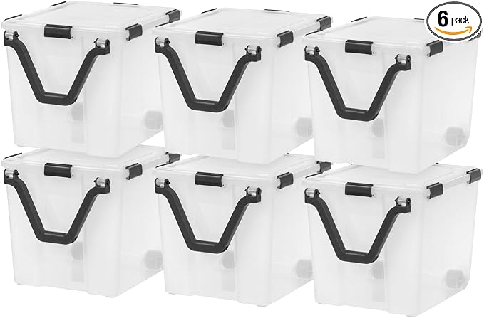 IRIS USA 6 Pack 106 Quart WeatherPro Wheeled Plastic Storage Bin Organization Container with Durable Lid, Seal & Secure Latching Buckles, Clear/Black