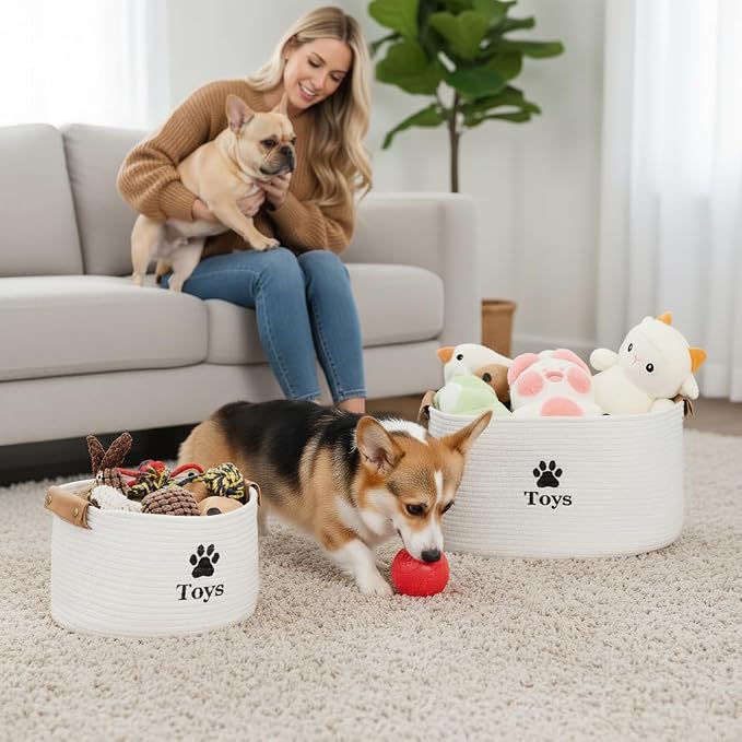 Dog Toy Basket Large, Quality Cotton Rope Dog Toy Bin (18x13x10’’) | Cute Paw Print Large Basket for Dog Toys, Portable Toy Storage Organizer with Handles for Pet Supplies, Toys & Accessories