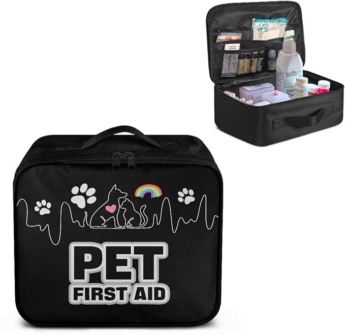 First Aid Case Empty Pet Heartbeat Pattern Veterinary Medic Bag for Animal Clinics and Pet Owners Includes Secure Zipper Compartments Breathable Mesh Panels Soft Lining Washable Material