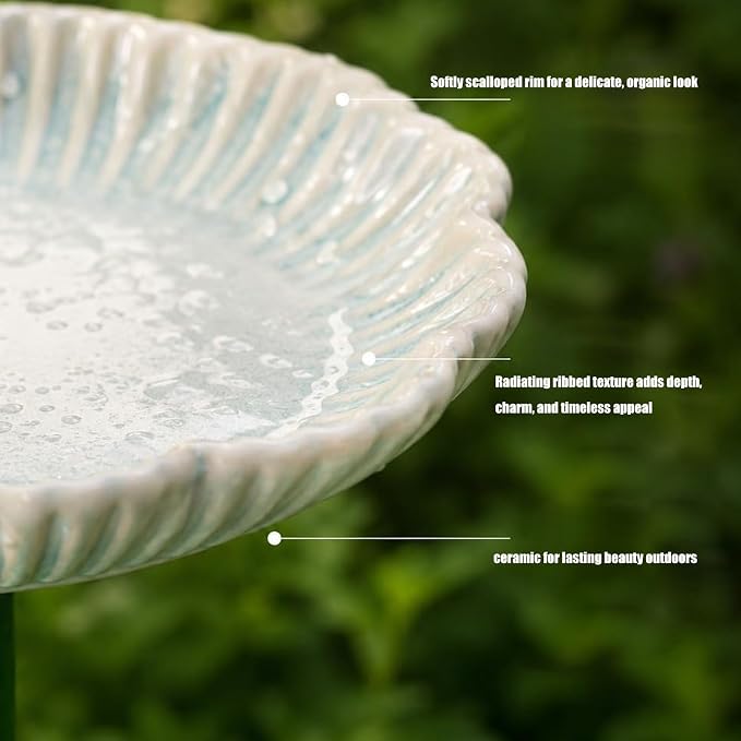 Ceramic Bird Bath Set of 2 with Fluted Bowl Stake, A | Decorative Glazed Water Basin for Patio Garden Balcony Display