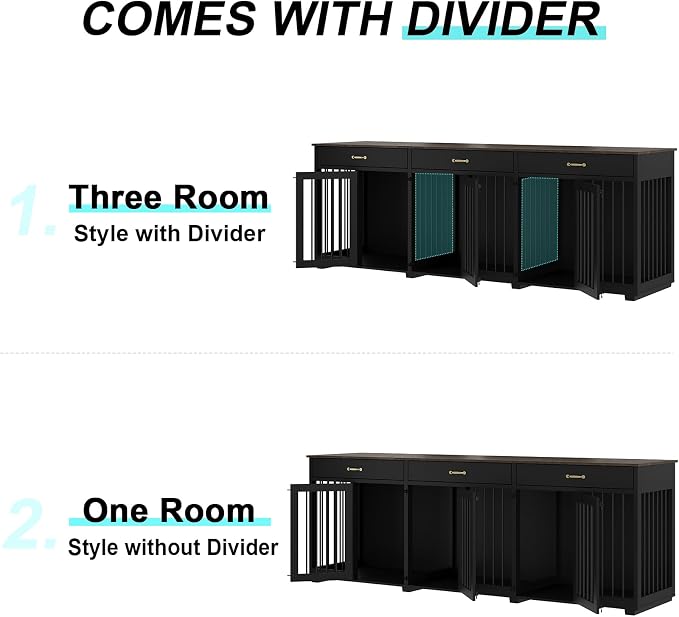 Dog Crate Furniture - Indoor Wooden Dog Kennel Crate with 2 Dividers, 3 Drawers, and 3 Lockable Doors, 95"x23.6"x31.5"H, Black