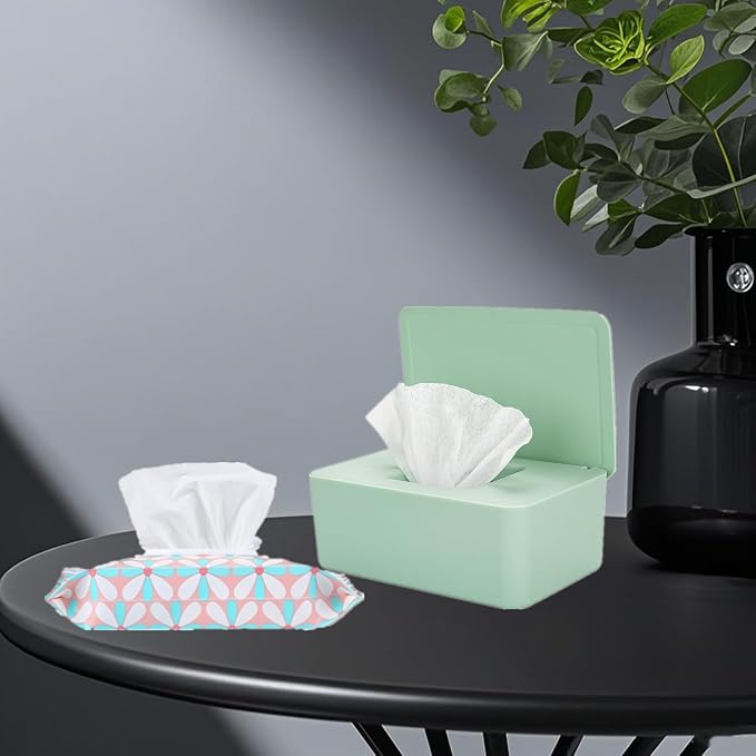 Wipes Dispenser Set,1 Wipe Box & 2 Portable Pouches,Green | Refillable Reusable Large Wet Wipe Holder, Flushable Wipes Case Bathroom Wipes Container for Pet Nursery Kitchen Office
