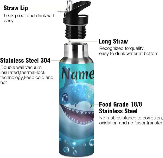 Custom Name Cute Blue Shark Bubbles Water Bottle with Straw Lid Kids Insulated Stainless Steel Water Flask Sports, 20 Oz Hot Cold