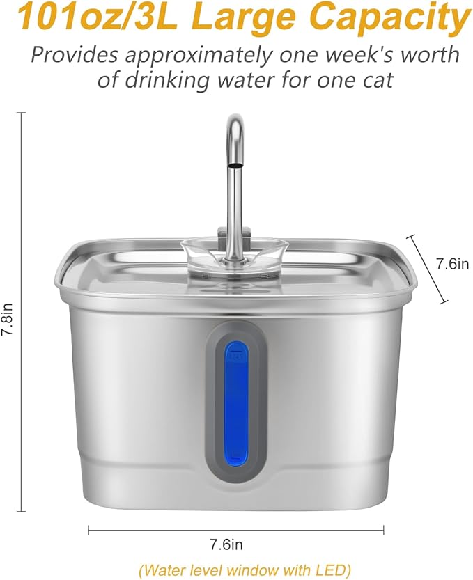 SEIRMEP Stainless Steel Cat Water Fountain, 101oz/3L Automatic Pet Water Fountain, Dog Water Fountain with Replacement Filters for Cats, Small Dogs (2 Filters and 2 Sponges)