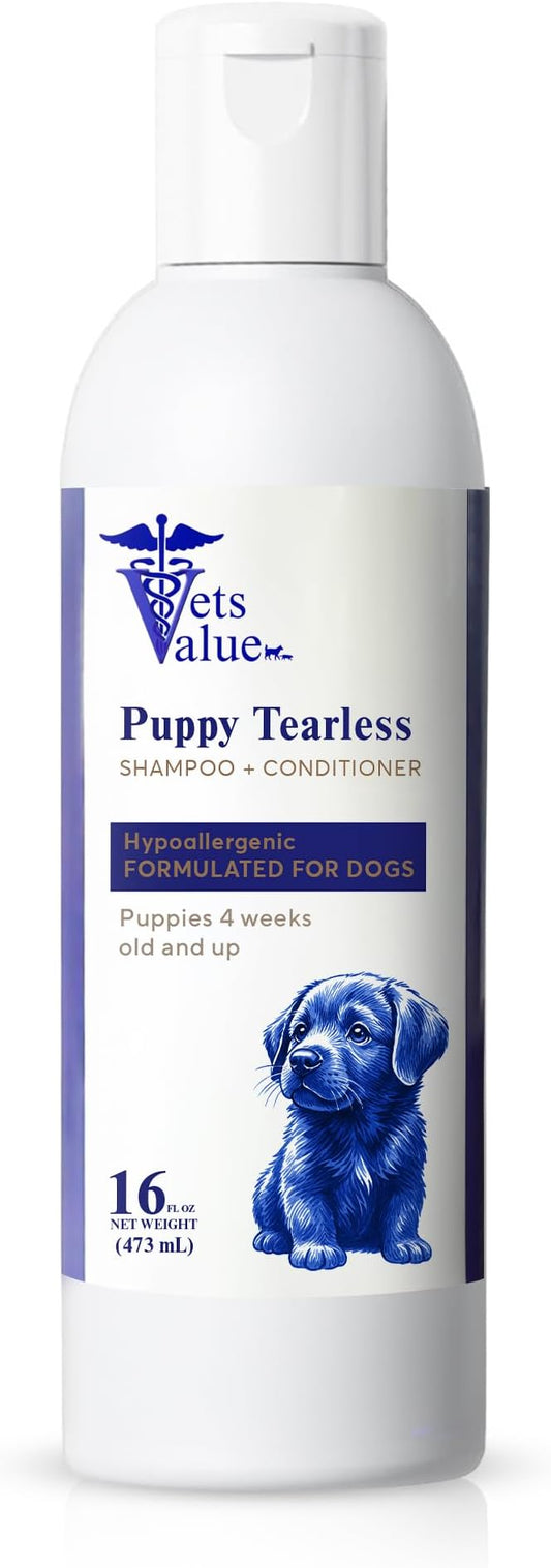 Puppy Tearless Shampoo & Conditioner - Gentle Wash for Puppies with Sensitive Skin – Mild, Tear-Free Formula Suitable for Dogs 4 Weeks and Older – Made in the USA (16 oz)