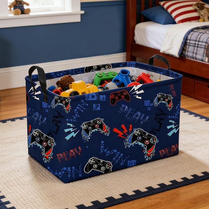 Rectangular Game Basket for Boys,Game Storage Bin,Boy Storage Basket,Collapsible Storage Bin,Gift Organizer, Shelf Baskets,Boy Room Decor(Blue Game)