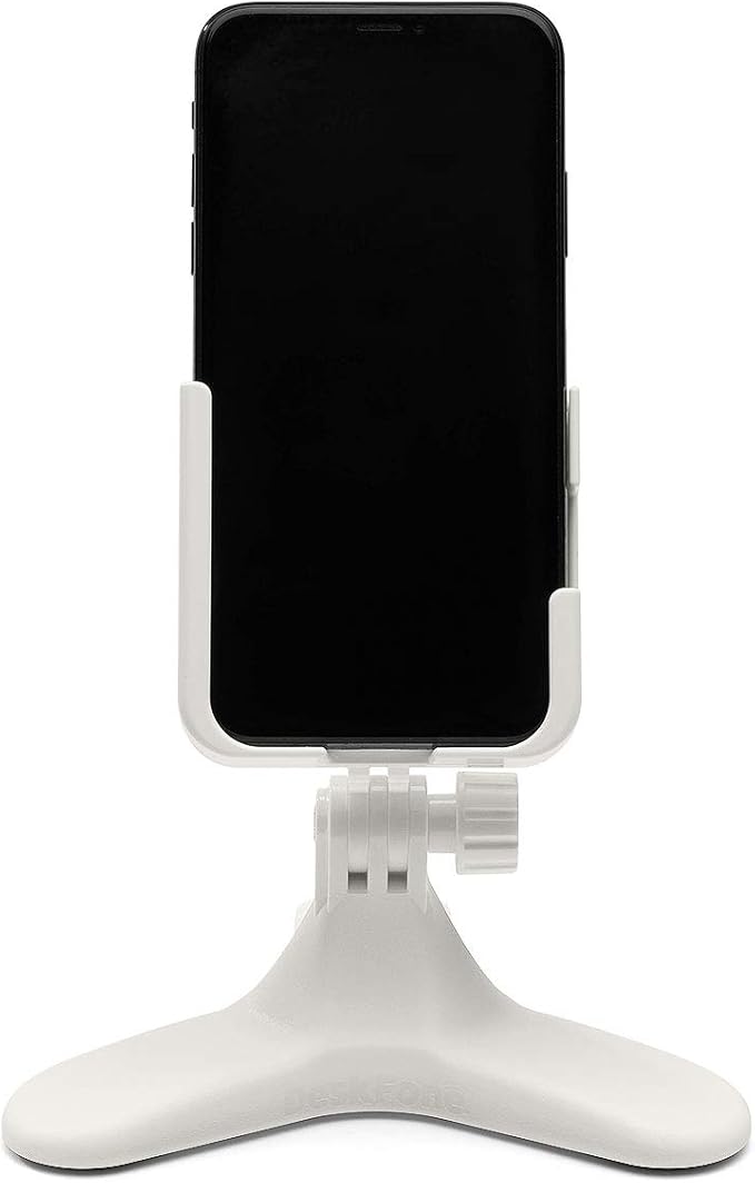 WeatherTech DeskFone Two View in White - Adjustable, Universal Cell Phone Holder Mount Stand for Desk, Counter, Table - Tripod Design for iPhone & Smartphone Charging - Violet Metal Knobs