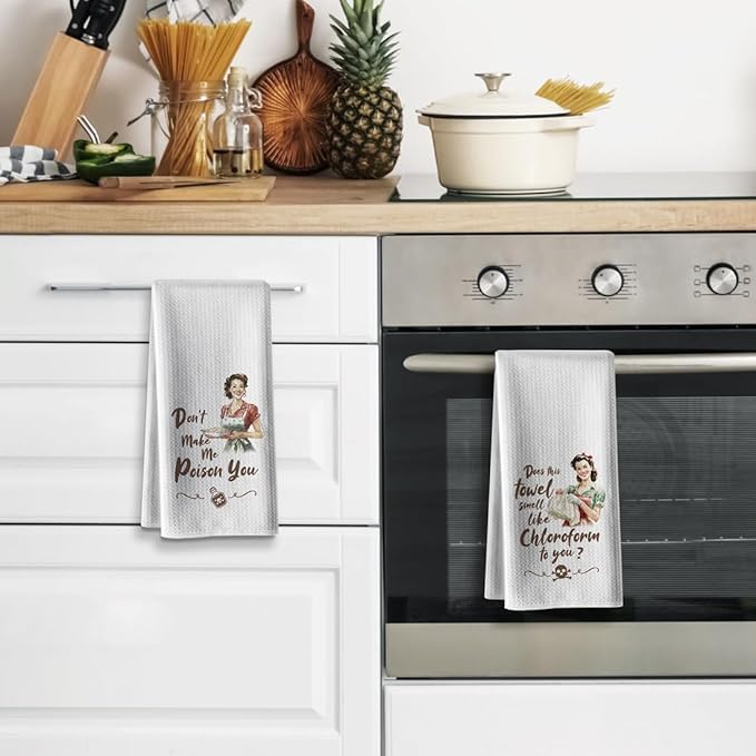 Funny Retro Housewife Kitchen Towels | Exclusive Humorous Pattern | Absorbent Decorative Tea Towels 16x24 Inch 2Pack Microfiber Kitchen Decor Housewarming Gifts for Women Men
