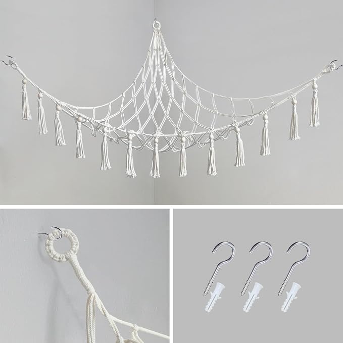 Stuffed Animal Hammock Corner with hooks Soft Fabric Hanging Bed for Plush Toys, Toy Storage Organizer Playroom Decor (Beige with Beads)