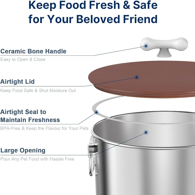 Paw Libero 25 Lbs Stainless Steel Dog Food Storage Container with Airtight Lid & Ceramic Bone Handle, Large Metal Dog Food Bin for Dogs & Cats, Keep Fresh, Easy to Clean