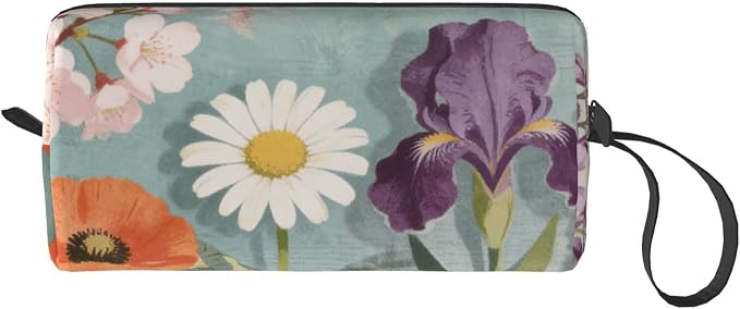 Spring Floral Garden Makeup Bag for Women with Wrist Strap | Durable 600D Oxford Fabric Cosmetic Organizer,Compact Travel Pouch with Handle for Gym & Daily Use