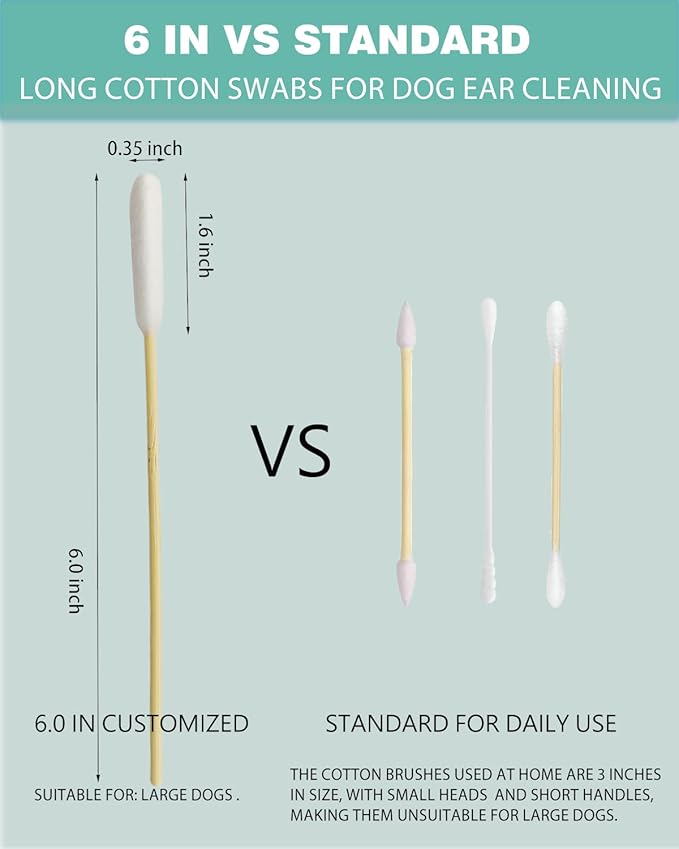 Dog Ear Cleaning Swabs 200 Count, 6 Inch Extra Long Large Cotton Swabs with Bamboo Handle, Lint-Free Pet Ear Cleaner Tool for Dogs Ear Wax Removal, Grooming Care Supplies Value Pack