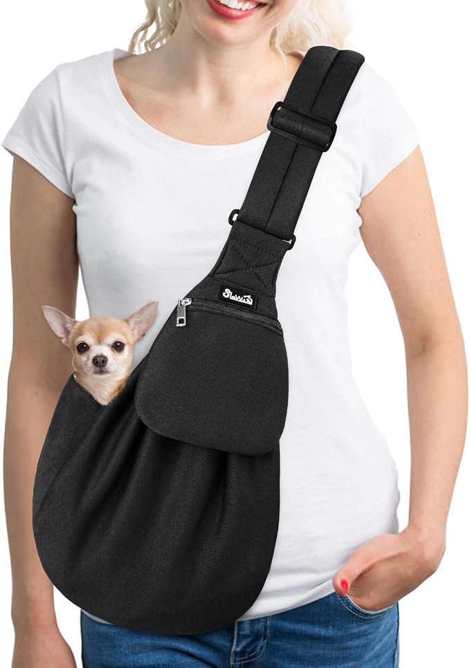 Lukovee Pet Sling, Puppy Small Pet Cat Carrier with Safety Hook | Hands-Free,Padded Strap, Breathable, Adjustable, Storage Pocket, Tote Bag Shoulder Bag with Front Pocket (Black-WY,S)