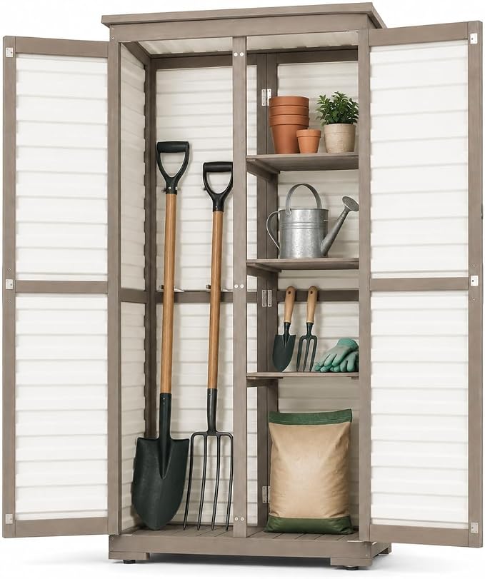 Ketive Outdoor Storage Cabinet Store More in Less Space | 4 Shelves & Long Handle Storage, Weather-Resistant Patio Cabinet for Backyard, Garden, Side Yard