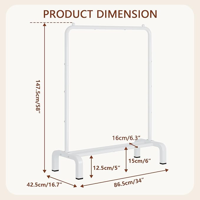 Garment Rack Clothing Clothes Rack for Clothes Organizing White | Standard Metal 34 Inches Garment Rack with Bottom Shelf for Hanging Clothes Coats Jackets Shirts Sweaters Jeans White