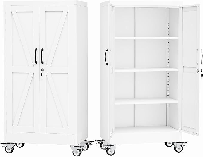 GAIOUS 61" Tall Metal Storage Cabinet with Lock and Wheels, File Cabinet | for Home Office, Garage Storage Cabinets with 2 Door and 3 Adjustable Shelves, Rolling Tool Cabinet, Utility Cabinet, White