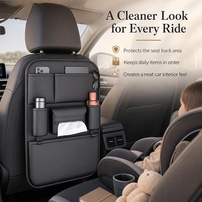 Leather Car Seat Organizer for Cars, SUV & Truck - Back Seat Headrest Storage Organizer with 6 Pockets, Large Capacity Waterproof Car Organizer Pocket for Phone, Bottle, Tissue, Toys