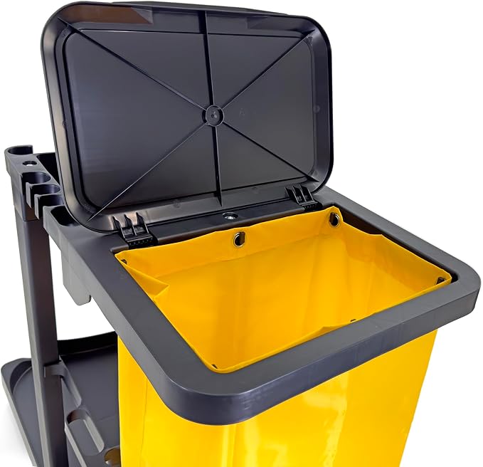 Compact Size Janitorial Cart | 3 Shelves | 25 Gallon Vinyl Bag with Cover | 450 LBS Capacity | Black