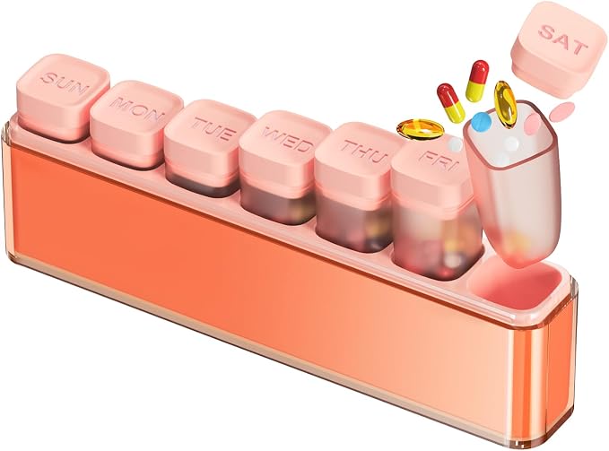 HIONXMGA Weekly Pill Organizer, Detachable 7-Color Pill Box, Easy to Use | Portable Travel Pill Case Container for Daily Medication Easy Track, Privacy Protection, Built-in Quick Fill Design, Orange