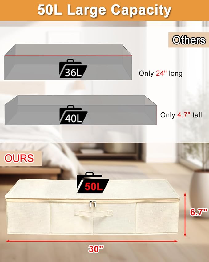 punemi Sturdy Under Bed Storage Box, Wedding Dress, 3Pack, Beige | Rigid Sides & Bottom, 50L Large Capacity for Evening Gowns & Heirlooms, Ideal for Closet, Shelf & Cabinet Storage
