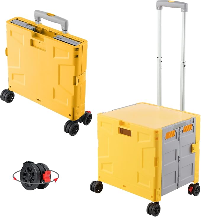 FELICON Folding Utility Cart Rolling Crate Handcart Basket Tote-Yellow+Gray | Collapsible Hidden Lid,Plastic Box,Telescoping Handle,4 Rotate Wheels for Travel Shop Move Grocery Laundry Office Teacher Use