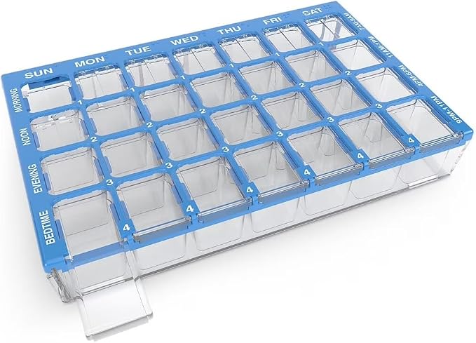 Ezy Dose Weekly (7-Day) Pill Case, Medicine Planner, Vitamin Organizer Box, Small Compartments with Easy Fill Tray, 4 Times a Day, Clear Lids, Color May Vary, BPA Free