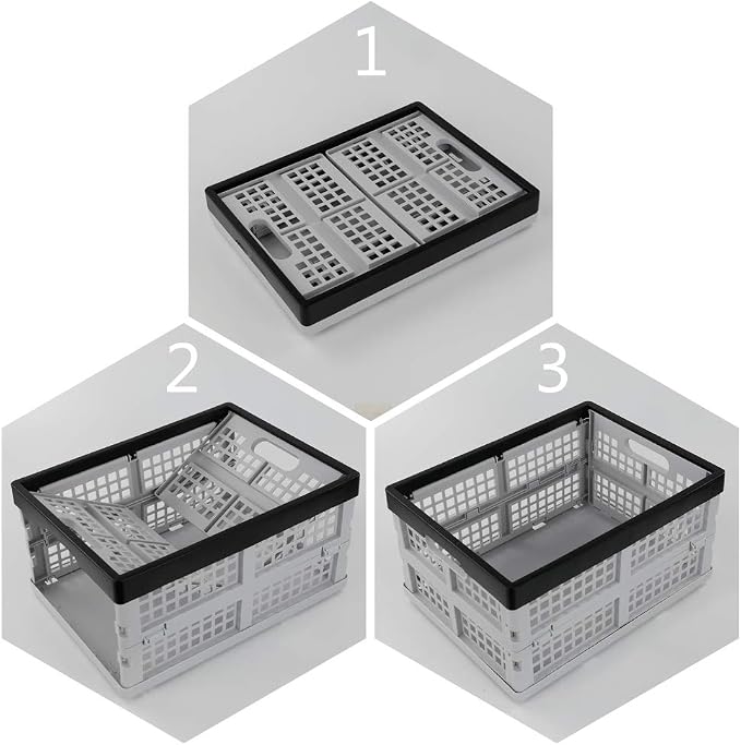 Jekiyo 16 L Folding Storage Crates, Plastic Collapsible Basket Bin Set of 3 | Stackable, Grey