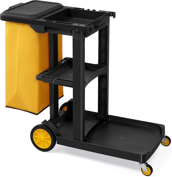 TUFFIOM Commercial Traditional Cleaning 3-Shelf Janitorial Cart, 500 Lbs Capacity Housekeeping Cart, Wheeled with Yellow VinylBag and Cover w Lid, Black
