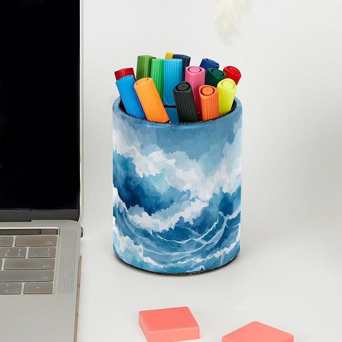 Faux Leather Pen Holder for Desk, Pencil Organizer Blue Ocean Waves Pen Cup Desk Decor Makeup Brush Holder Storage for Office Home