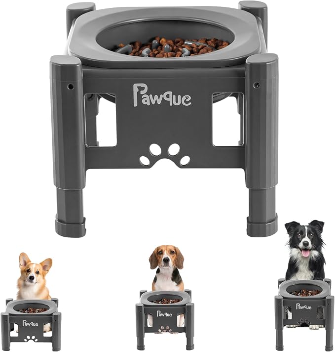 Pawque 35oz Elevated Slow Feeder Dog Food Bowls with Adjustable Stand | 3 Heights (6.1", 7.7", 9.3"), Raised Dog Bowls for Medium and Small Breed Dogs Cats, Non Slip Rubber & Mess Proof
