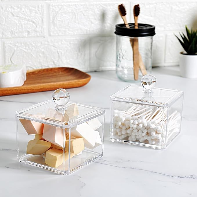SheeChung Square Acrylic Qtip Holder, 2 Pack Bathroom Canisters with Lids | Apothecary Jars Bathroom Vanity Storage Canister - Shatterproof Organizers for Cotton Swabs, Pads-Modern Minimalist Decor