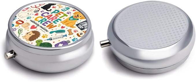 Cute Pet Care Essentials Poster Round Pill Box with 3 Compartments, Portable Travel Pill Organizer with Spring Snap Closure for Vitamins Supplements Fish Oil