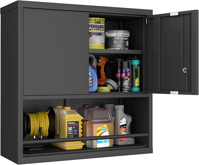 Metal Wall Cabinet, Garage Wall Cabinet with Lock, Wall Mounted Heavy Duty Steel Tool Cabinet with Door and Shelf, Locking Cabinet for Garage Warehouse Bathroom Kitchen, Black