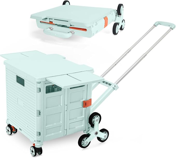 Foldable Utility Cart Portable Crate Rolling Dolly with Telescopic Handle,Can be Pulled diagonally, Magnetic Retractable Lid, 360°Swivel Climbing Wheels for Shopping Carrying Groceries Move Green