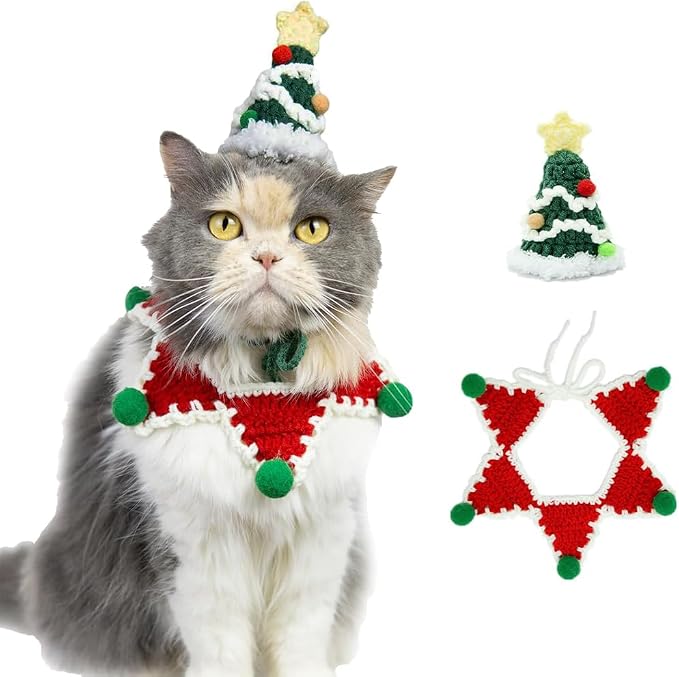 Christmas Cat Costume,Handmade Dog Outfit with Christmas Tree Cat Hat,Knitted Dog Costume,Adjustable Fit Five-Pointed Star Clothes, for Dogs,Rabbits