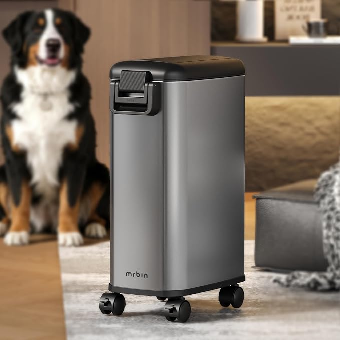 MRBIN Pet Food Storage Bin, Dog Food Bin 12L with Scoop Airtight Pet Food Container Stainless Steel with Wheels, Eclipse Grey