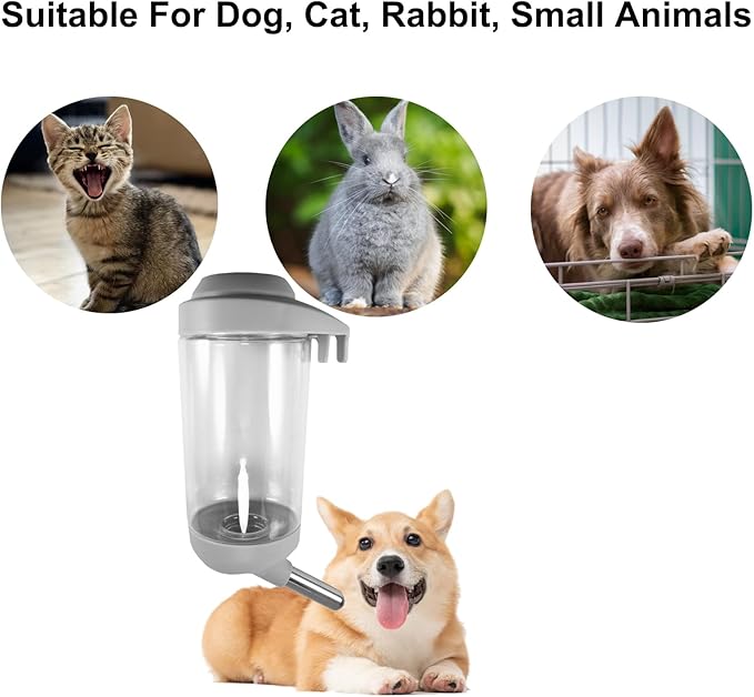 Dog Crate Water Bottle - 17 oz No Drip Kennel Pet Water Dispenser, Easy-to-Use Cage Water Bottle for Dogs, Cats, Small Animals, 500ML, Grey