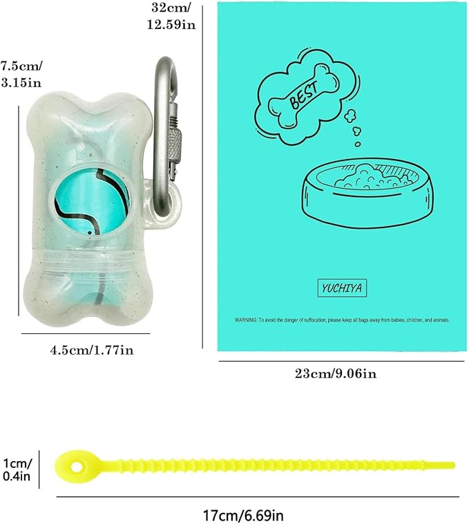Dog Poop Pickup Bags Holder Dispenser with Leak-Proof Scented Doggy Waste Bags and Carabiner with Safety Lock Plus Hook and Loop Fastener Never Loose on Leash Lead Again (1 Holder 195 Bags, Clear)