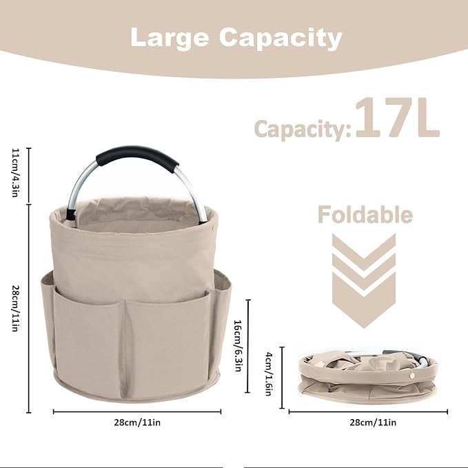 17L Cleaning Caddy with Handle, Cleaning Supplies Organizer, Foldable Storage Basket, Cleaning Supply Caddy, Portable Multi Cleaning Bucket Bag for Home, Garden (Khaki)