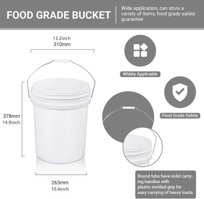 3-Pack 5 Gallon Plastic Bucket with Handle, Heavy Duty Food Grade Storage Container for Car Detailing, Cleaning, Paint, Chemical & Pet Supplies