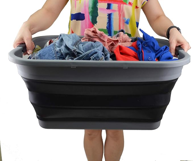 SAMMART 41L (10.8 gallon) Collapsible Plastic Laundry Basket - Foldable Pop Up Storage Container/Organizer - Portable Washing Tub - Space Saving Hamper/Basket, (Rectangular, Grey/Black)