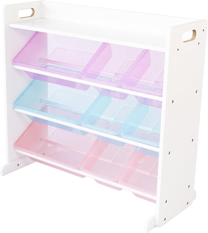 Humble Crew Kids Toy Organizer with Display Shelf, 9 Bins, 3 Tier Storage | Sturdy wood and steel toddler shelf, removable BPA-free containers, wall anchor anti-tip safety kit for bedroom or classroom