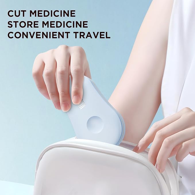 Pill Cutter for Small and Tiny Pills - Pill Splitter with Detachable Silicone Pad - Easy Open Snap Button. Wrap-Around Blade Guard Prevents Cuts. Back Storage (Blue)