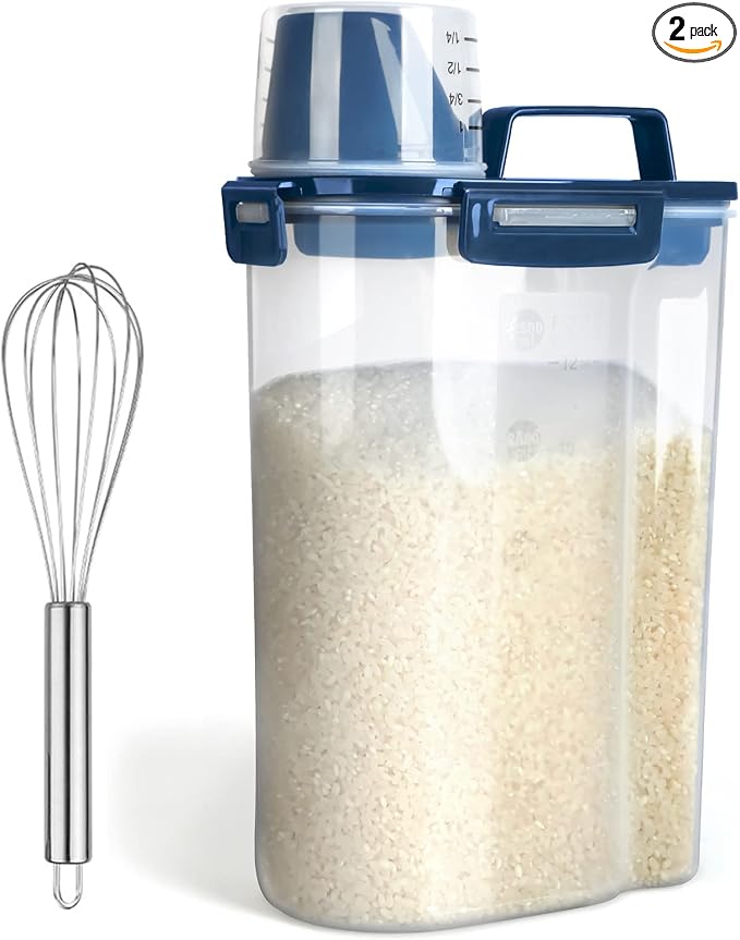 Uppetly Rice Airtight Dry Food Storage Containers, BPA Free Plastic Storage Bin Dispenser with Pourable Spout, Measuring cup for Cereal, Flour and Baking Supplies Blue