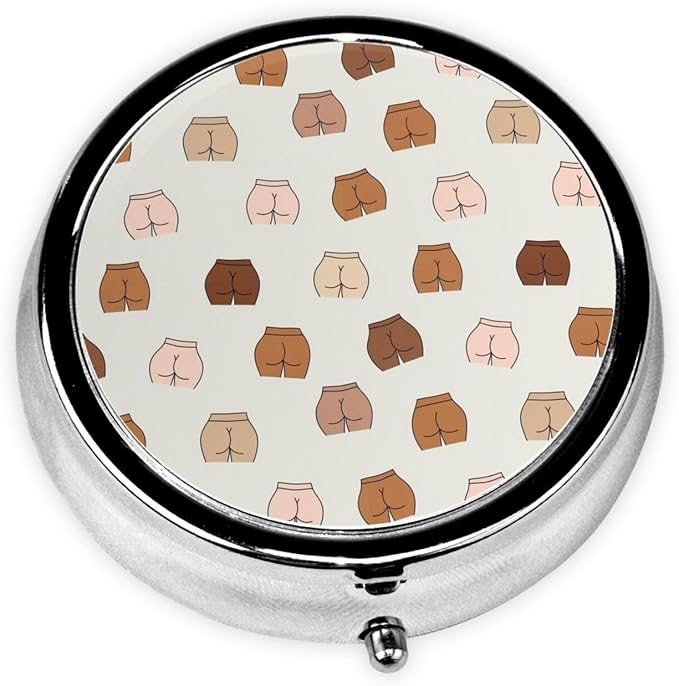 Travel Pill Holder, Naked Butt Yellow Black White Skintones Funny Round Compact Organizer, Small Dispenser with Mirror, Pocket Purse Case for Vitamins