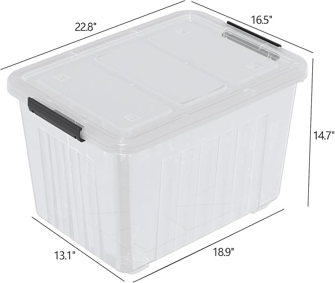 70 L Large Clear Storage Box, 4-Pack Storage Bin with Lid & Wheels | Durable Plastic Material, with Black Latches