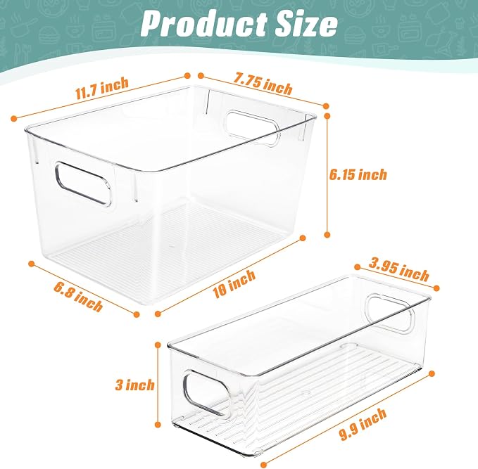 Set of 8 Clear Organizers and Storage Bins, 4 Large and 4 Small Stackable Plastic Storage Containers with Handles for Fridge, Freezer, Pantry, Cabinet, Kitchen Organization